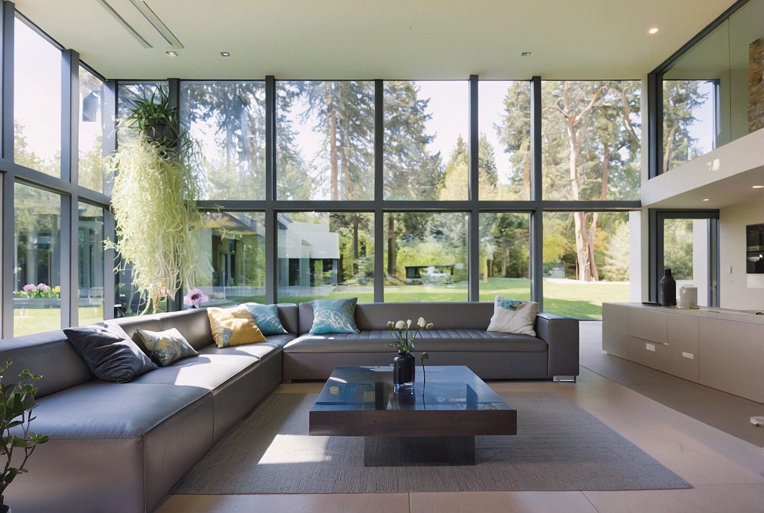 Living room with steel-look aluminum frame windows