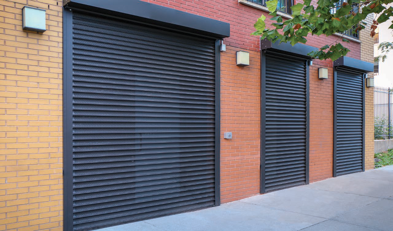 Rolling shutter doors on building facade